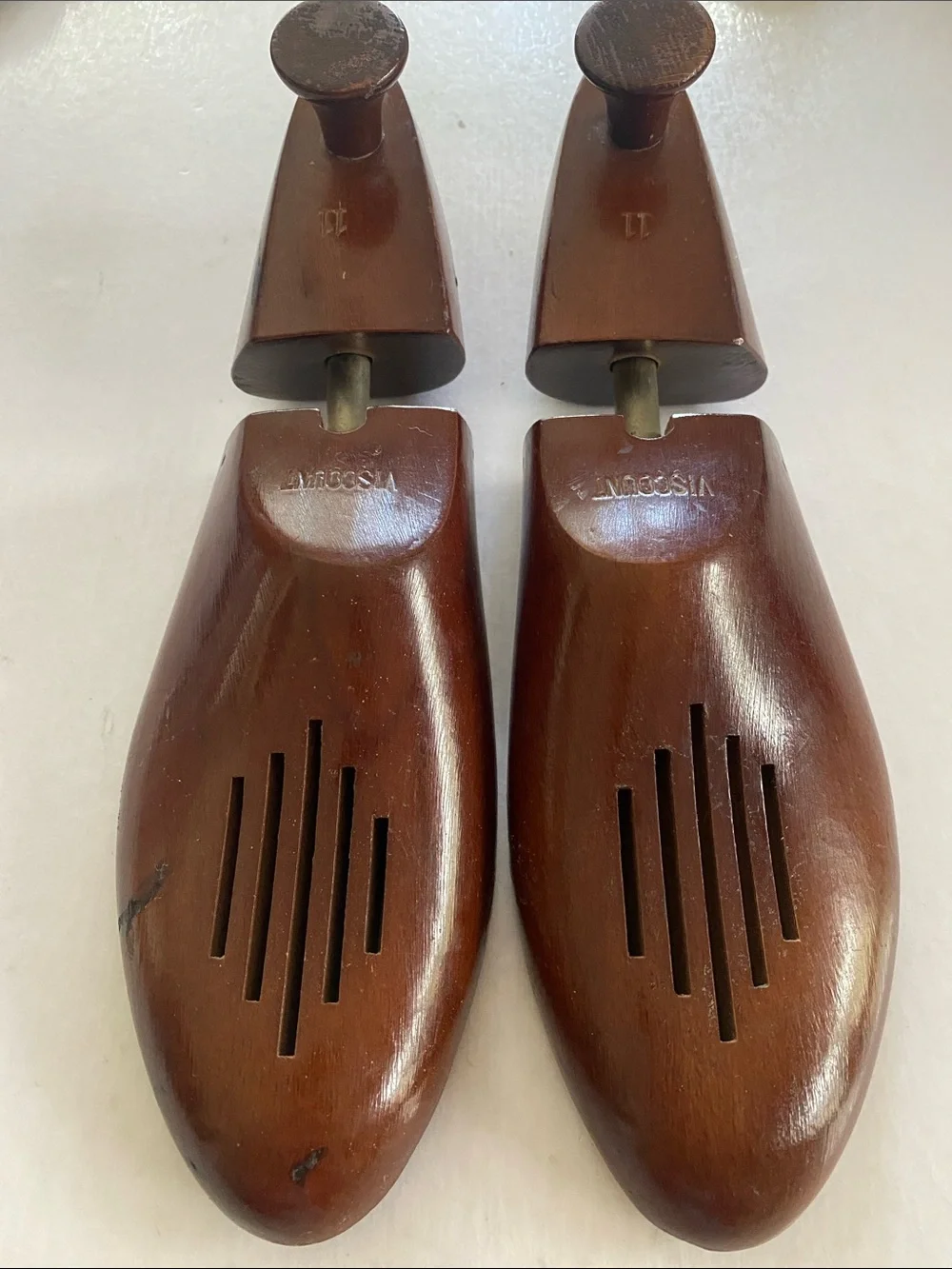 Vintage Viscount Wooden Shoe Trees Dark Stained Hardwood with Slat Vents Size 11